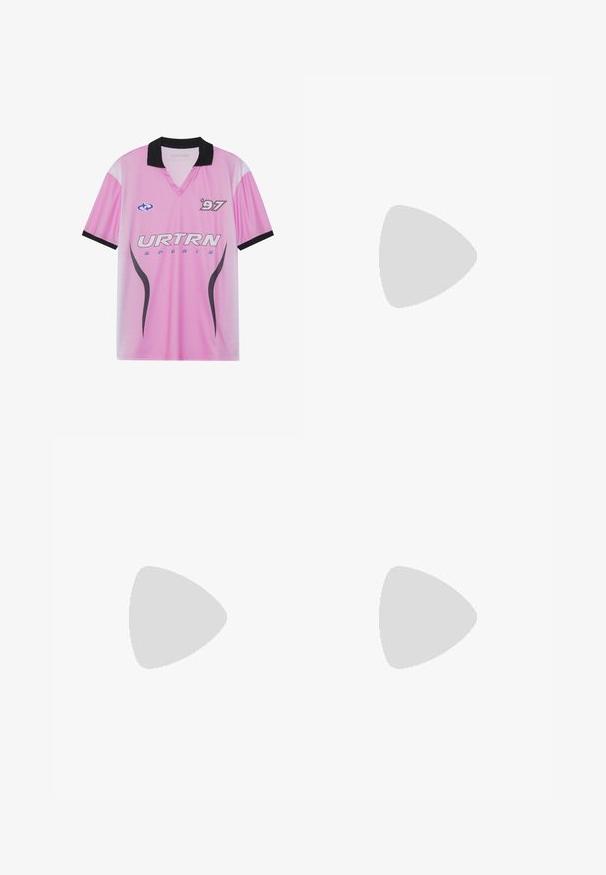 Pink sports jersey with black collar, featuring "URTRN" logo, dotted gradient pattern, and "97" print on the chest. Lightweight fabric.; Under Armour MOTION BIKE SHORT - Leggings - black/white; Beige athletic sneaker with a mesh upper, soft rubber sole, molded cushioning, and a textured heel accent. Dual-tone design with laces.; Black plastic sunglasses with green lenses, featuring an oval shape and gold logo detail on the temples. Smooth texture and shiny finish.; The North Face JESTER LUMBAR UNISEX - Bum bag - black
