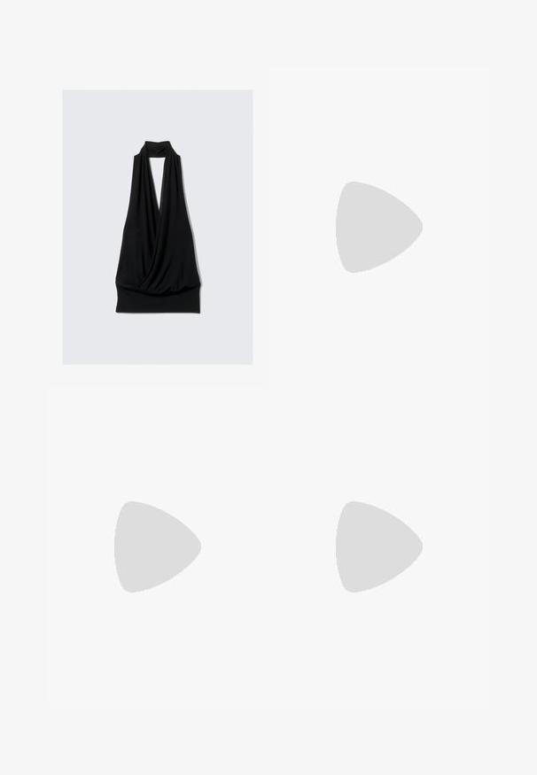 Musta hihaton paita, joka on valmistettu pehmeästä kankaasta. Paitassa on drapeerattu muotoilu, jossa on niskalenkillinen kaula-aukko ja istuva helma. Ei kuvioita tai metalliosia.; Housut, joissa on leveä malli tummanoliivinvihreässä kankaassa, pleat-edessä, napin sulkeminen ja kiiltävä, tekstuuri pinta.; Musta polvipituinen saapas sileästä mokasta, jossa on terävä kärki ja ohut stiletto-korko. Ominaisuuksina saappaalla on saumaton muotoilu ja minimaaliset metalliosat.; Kilpikonnakuosiset aurinkolasit pyöreillä sangoilla, tummat linssit ja kultaiset logodetaljit sangoissa. Sujuva muovimateriaali, ei näkyviä kuvioita.