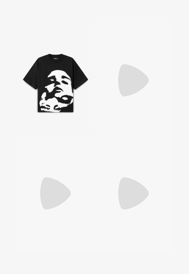 Black cotton t-shirt featuring a large white and black graphic print of a face. Short sleeves and a relaxed fit with a crew neck.; Light blue, straight-leg denim pants with five pockets, subtle contrast stitching, and a branded label on the waistband.; Silver and black athletic shoes featuring a mesh upper, cushioned sole, lace-up design, and side branding detail.; Guess watch featuring a rectangular green plastic case, black textured rubber strap, and multiple dials with bold numbers and accents.