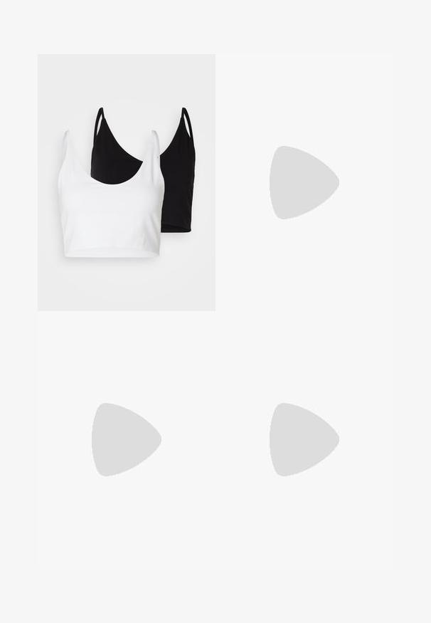 Two cotton crop tops in white and black. Each has a deep neckline and thin shoulder straps, featuring a smooth, soft texture.; Leopard print trousers with a slim fit, featuring a black waistband and a glossy finish. The pattern has beige and dark brown spots.; White and beige sneaker with a smooth leather upper, suede accents, rounded toe, and a textured rubber outsole. Brand name printed on the side.; Silver hoop earrings with a smooth, shiny finish. Rounded shape, lightweight design, featuring a post-back closure.