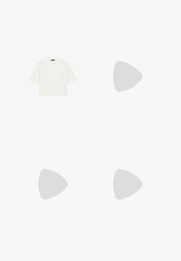 White cropped t-shirt made of cotton, featuring short sleeves with tie details at the shoulders and a round neckline. Smooth texture.; Black wide-leg jeans made of denim, featuring five pockets, copper rivets, and a classic button closure. Smooth texture with a clean design.; Brown leather sandal with a cross-strap design, flat black sole, and adjustable back strap. Smooth texture and minimal hardware details.; Black leather shoulder bag with a smooth texture, curved shape, adjustable strap, and a zip closure. Minimalist design without embellishments.
