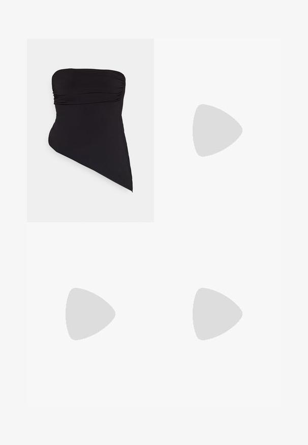 Bañador negro de un solo hombro fabricado con un material suave y elástico. Presenta detalles fruncidos y un diseño de dobladillo asimétrico.; Falda midi negra sin mangas, hecha de una tela suave. Presenta una forma recta y alargada sin patrones ni acentos. Diseño simple y minimalista.; Botas de cuero negras hasta la rodilla con punta cuadrada, tacón cónico y un detalle de costura vertical a lo largo del eje exterior. Textura suave.; Bolso de mano de imitación cuero negro con textura de cocodrilo, parte superior fruncida y correa arrugada. Presenta un diseño suave y compacto.
