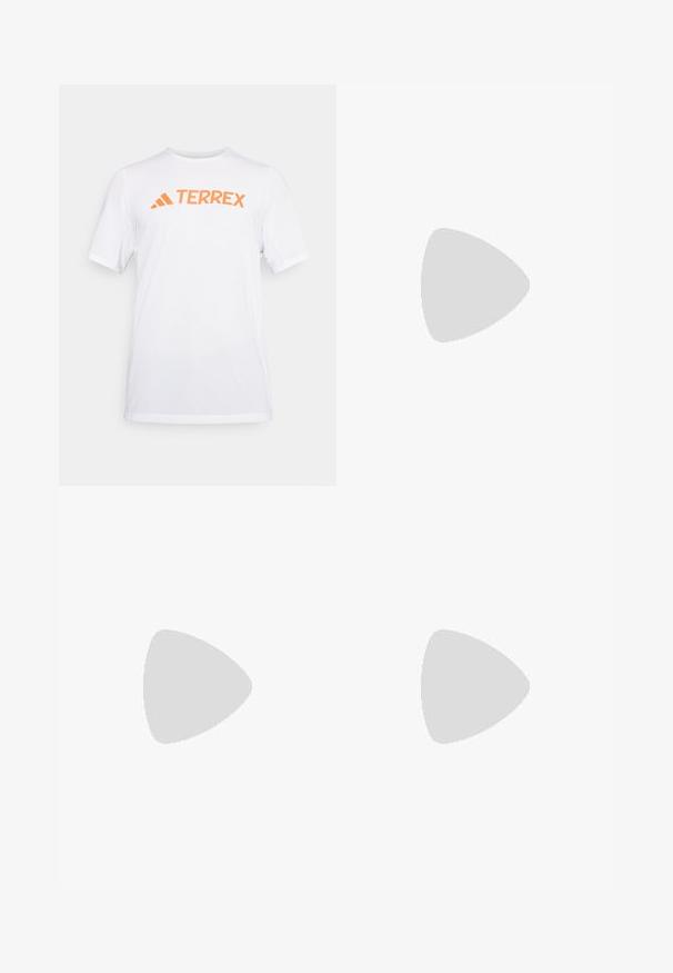 Bela kratka športna majica iz zračnega materiala, z oranžnim logotipom "TERREX" čez prsa. Preprost dizajn s čistimi linijami.; Črne atletske hlače z elastičnim pasom, dvema stranskima žepoma z zadrgo in logotipom na zgornji desni nogi. Gladek, lahek material.; Črne športne čevlje z mrežno zgornjico, odsevnimi dodatki, elastičnimi vezalkami in teksturiranim gumijastim podplatom. Imajo eleganten dizajn za boljšo zmogljivost.; Športne sončne očala s črnimi plastičnimi okvirji in sivi zasenčeni leči. Imajo oglat dizajn in izreze na okvirju za prezračevanje.