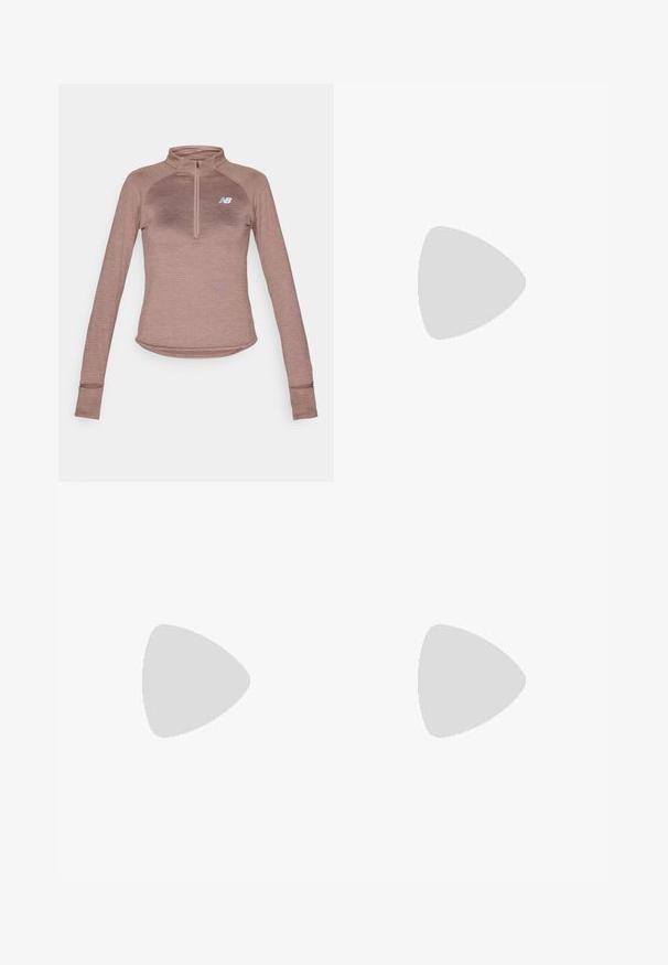 New Balance ATHLETICS GRID 1/2 ZIP - Langarmshirt - earth shadow heather; Schwarze Cargo-Shorts mit Knopfverschluss, umgeschlagenem Saum und mehreren Seitentaschen, aus leichtem Stoff gefertigt.; Brauner Laufschuh mit strukturiertem Mesh-Obermaterial, schwarzen Akzenten und gepolsterter Sohle. Verfügt über ein Schnürsystem und ein schlankes Design.; Hellbeige Umhängetasche mit strukturierter Oberfläche, mit einem schwarzen Akzent, roten Beschlägen und einem blauen Logo. Reißverschlussverschluss oben.