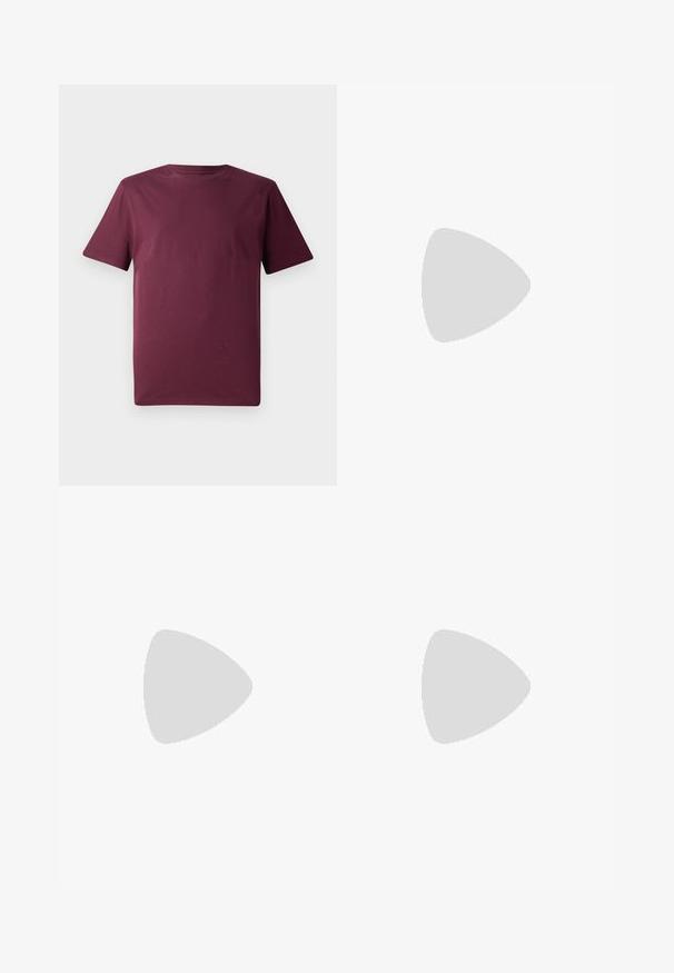 Maroon short-sleeved t-shirt, made of smooth cotton fabric, features a classic crew neckline and a relaxed fit with no visible patterns or accents.; Green flannel shirt with a plaid pattern featuring blue, white, and mustard yellow lines. Buttoned front and pointed collar. Long sleeves.; Navy blue cotton pants with a straight leg design, featuring a front button closure, belt loops, and a smooth texture.; Beige cotton pants with playful embroidered designs including a pink character and colored block, paired with black lace-up sneakers.