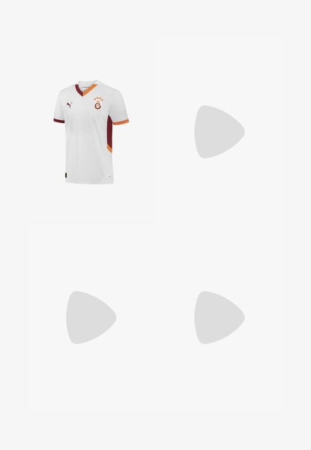 White football jersey with red and orange accents. Features a v-neck, club logo, and a wavy patterned texture throughout the fabric.; Black tailored trousers with a straight-leg cut, made from smooth fabric, featuring a waistband with loops and no visible patterns or hardware.; Black leather loafer with a tasseled accent, featuring a chunky black sole and yellow stitching along the edge. Textured finish.; Silver-toned metal necklace featuring a twisted chain design and a circular pendant with a polished finish.
