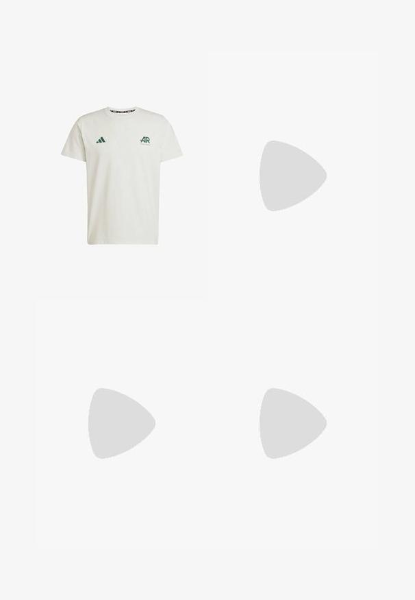 T-shirt bianca in cotone con maniche corte, dotata di logo Adidas verde e testo sul lato sinistro del petto e di un logo triangolare verde sulla spalla destra.; Pantaloni sportivi viola con una cintura elastica testurizzata e pannelli laterali grigio chiaro. L'orlo è leggermente curvo per migliorare la mobilità.; Scarpe atletiche leggere con una tomaia in rete color crema, righe grigie, un accento verde e un tallone in textured blu. Lacci neri.; Borsa da viaggio navy con logo Adidas bianco, dotata di apertura con zip, due resistenti manici neri e tasche laterali in rete. Tessuto morbido.