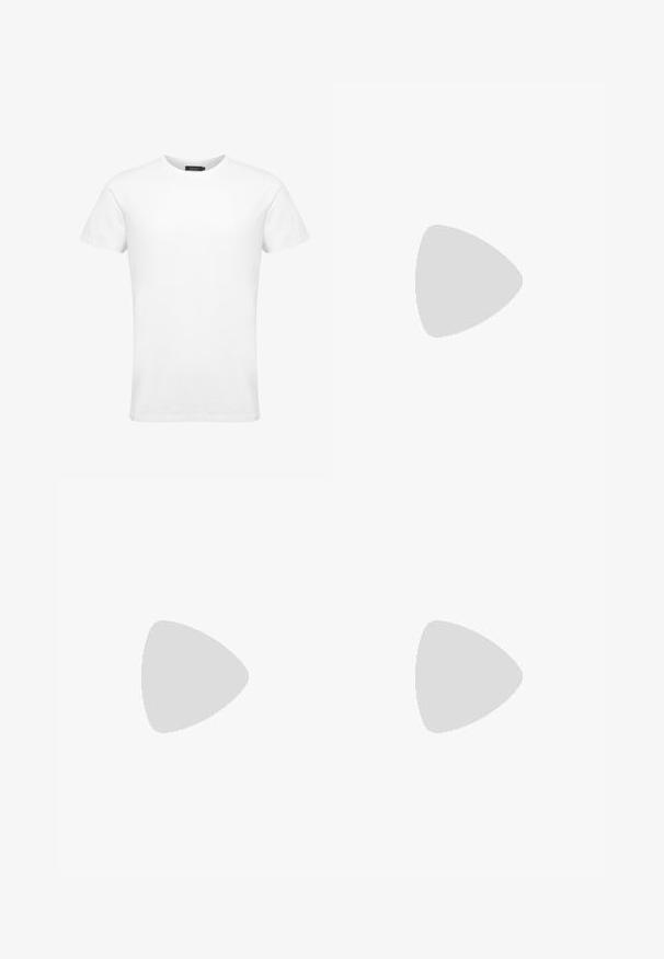 T-shirt bianco a girocollo con maniche corte. Realizzato in cotone, presenta una texture liscia e un design semplice e classico.; Next SLIM FIT ESSENTIAL - Pantaloni eleganti - navy; Sneakers in pelle bianca con perforazioni, punta rotonda, suola piatta e lacci spessi, con logo swoosh visibile e "AIR" sul tallone.; Collana in metallo placcato oro, composta da piccoli anelli rotondi, con una finitura liscia e lucida e una chiusura a fermaglio standard.