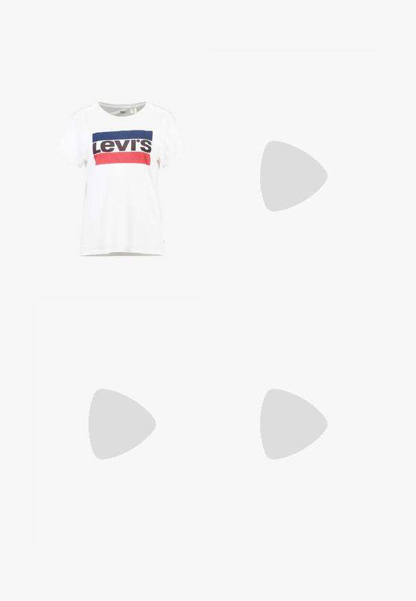T-shirt en coton blanc à manches courtes et col rond, arborant un design central du logo Levi's en bleu, rouge et noir.; Pantalons larges noirs en tissu doux, dotés d'une taille élastique et de poches latérales. Texture lisse avec un design minimaliste.; Baskets plateformes blanches avec une texture en cuir lisse, des détails perforés et des lacets plats ; dotées d'une épaisse semelle en caoutchouc blanc.; Pochette en tissu beige de forme arrondie, avec un dessus plat et des détails de couture subtils. Comprend un logo minimaliste et une sangle latérale.