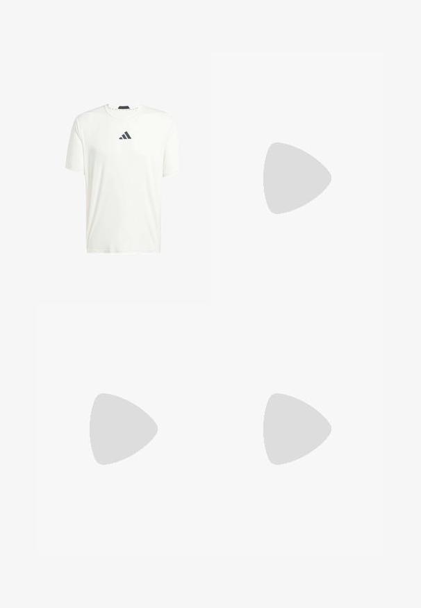 Hvid kortærmet t-shirt lavet af letvægtsstof med rund hals og et mørkegrå logo på brystet. Glat tekstur, afslappet pasform.; Marron shorts lavet af tekstureret stof, med en elastisk talje og snor, samt et lille hvidt logo i bunden.; Letvægts sportssko med en cremefarvet mesh-overdel, grå striber, en grøn detalje og en struktureret blå hælkappe. Sorte snørebånd.; Sorte, fingerløse træningshandsker med justerbart håndledsrem. Har tekstureret greb og fremtrædende logo på bagsiden. Holdbart materiale.