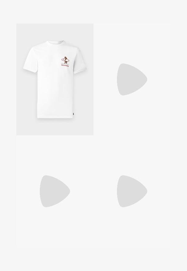 Camiseta blanca de manga corta con cuello redondo y un gráfico de un oso marrón en el lado izquierdo del pecho, junto con el texto "RIPCURL CALIFORNIA."; Pantalones de color crema, holgados, con una cintura elástica, cordón y detalles de ojales a lo largo de la tela y el dobladillo. Bordes con forma de concha.; Las zapatillas Nike presentan una combinación de malla y goma en tonos marrón y rosa claro, con detalles en negro y una suela texturizada, combinadas con pantalones beige.; Sudadera de forro polar marrón con cremallera de un cuarto y logo bordado, combinada con un bolso negro tipo bandolera con cremallera y detalle del logo, usado sobre unos vaqueros.