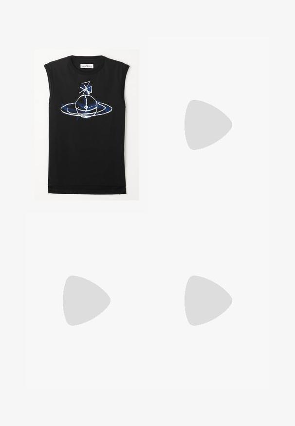 Black sleeveless top featuring a blue and white graphic design of a planet-like figure with rings and satellite elements. Soft cotton material.; Knee-length plaid skirt made of woven fabric featuring yellow and black checks, pleated design, and a button closure at the waist.; Black patent leather ankle boot with crocodile texture, curved toe, side zipper, and square metallic heel detail.; White pearl necklace with evenly sized pearls, featuring a silver clasp with a decorative detail. Smooth texture and simple design.