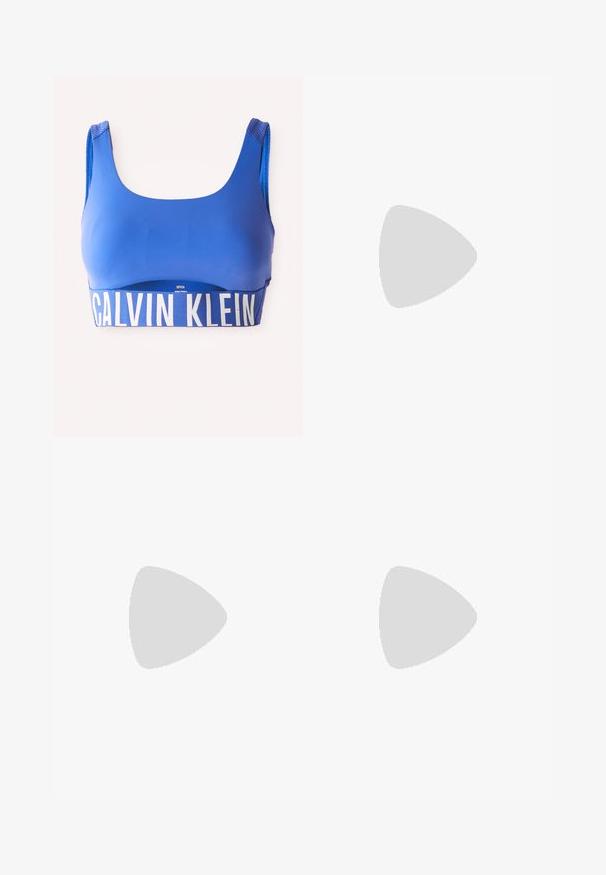 Blue sports bra with wide straps and a large white "Calvin Klein" logo band along the bottom, displayed against a white background.; Blue leggings with a smooth, stretchy fabric and a high waistband featuring a white "CALVIN KLEIN" logo at the top.; White mesh sneakers with a textured surface, light beige accents, a raised white sole, and a red "CK" logo on the side.; Silver hoop earrings with a smooth, rounded design and a sleek, polished finish. Features a minimalistic shape with a slight opening.