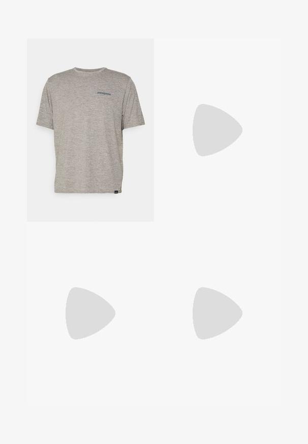 Gray short-sleeve t-shirt made of soft, textured fabric featuring a small blue Patagonia logo on the left chest. No additional patterns.; Dark navy trousers with a straight cut, featuring two front pockets, a black adjustable belt, and a smooth texture.; Black athletic shoe with a textured synthetic upper, cushioned sole, and a quick-lacing system. Features a reinforced toe and heel.; Beige sports sunglasses with brown lenses, a streamlined design, textured black accents on the arms, and an angular shape.