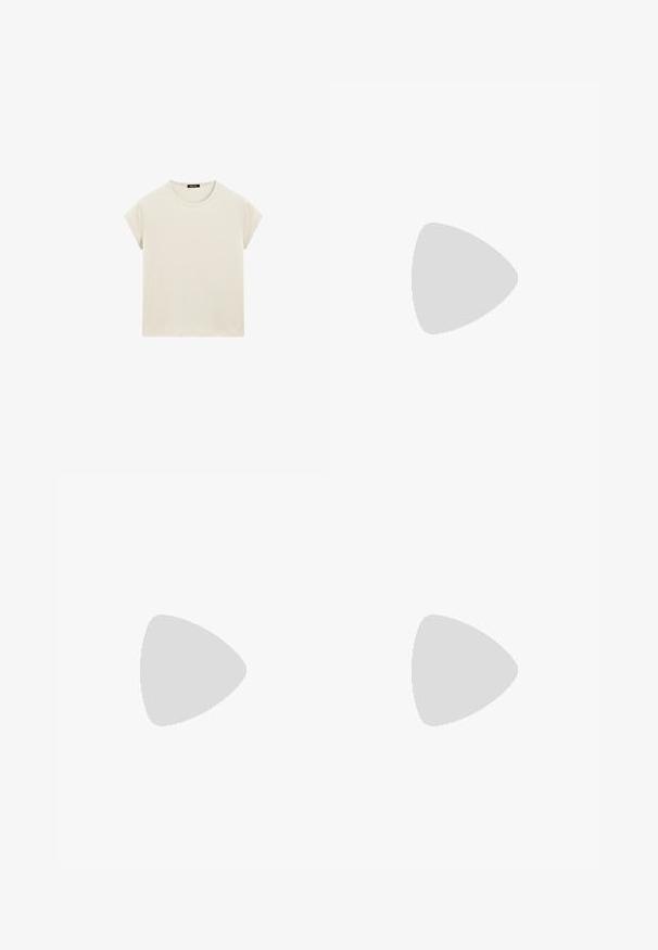 Massimo Dutti SHORT SLEEVE WITH ROUND NECK - T-shirt basic - beige; Zwarte high-waist wide-leg jeans met voor- en achterzakken, knoopsluiting en riemlussen op een effen witte achtergrond.; Zwarte leren slingback schoenen met een open teen, voorzien van een zilveren ovale gesp op de band en een slanke kittenhak. Glad textuur.; Bruine leren tote bag met twee verlengde handvatten, gestructureerde rechthoekige vorm, gladde textuur en subtiele stiksels.