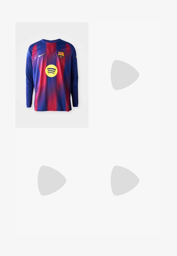 Pikad varrukad jalgpallipaita, millel on sinised ja punased vertikaalsed triibud, Nike'i logo, Barcelona rear ja ringikujuline Spotify logo keskel.; Hele sinine denimpüksid, millel on regulaarne lõige, vöökoht koos vööaasadega, ees taskud ja peened tuhmumise detailid üle kogu pükste.; Hallus hallitus jalanõud, millel on võrgust ja sametist ülemine osa, valged rõhutused, pehme tald ning eristuv disain peegelduvate elementidega.; Kolmekihiline hõbedane metallkaelakee, mis on valmistatud peentest, paindlikest kettidest kerge läikega, kinnitatud krabi sulguri ja reguleeritava ketiga.