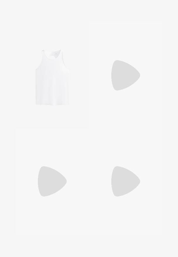 Top senza maniche bianco con un'apertura rotonda sul retro, texture liscia e una forma semplice e dritta.; Leggings sportivi neri con vita alta, tessuto testurizzato e motivi a righe lungo i lati per un tocco di dettaglio in più.; Scarpe da corsa nere con tomaia in rete, dettagli riflettenti e lacci elastici. Presentano una suola robusta con schemi di trazione per la stabilità.; Occhiali di sicurezza trasparenti con una montatura leggera e trasparente e accenti grigi. Presentano un design avvolgente e un supporto per il naso regolabile.