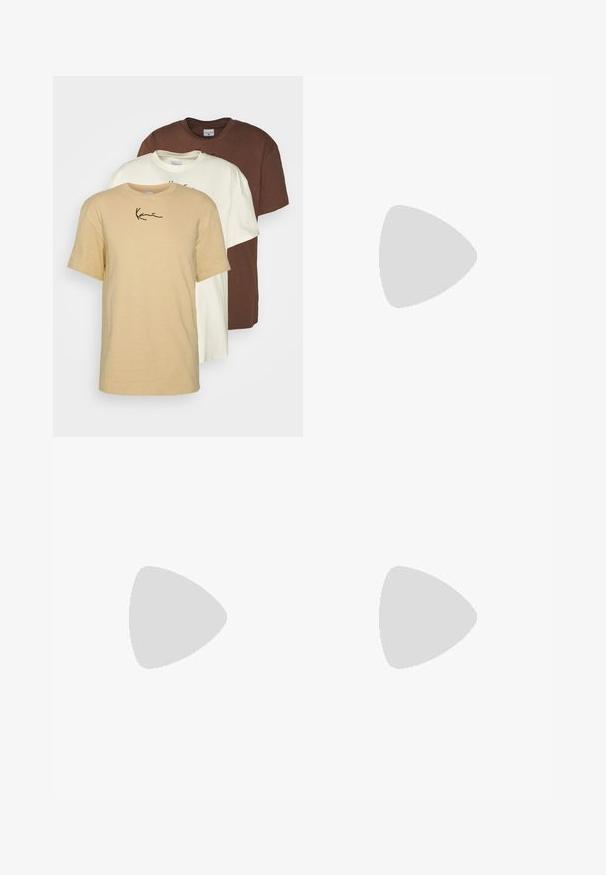 Tri kratke majice s kratkimi rokavi v bež, smetanovi in rjavi barvi. Bombažna tkanina s krožnim ovratnikom in minimalističnim napisom na bež majici.; Beige bombažne kratke hlače z gumbom za zapiranje, elastičnim pasom in stranskimi žepi. Preprost dizajn s ravnim krojem in brez vidnih vzorcev.; Črne športne copate z zgornjim delom iz teksturirane usnjene tkanine s kroko, zaobljenim nosom in kontrastnim belim gumijastim podplatom z gladko površino.; Črne sončne naočare pravokotne oblike, temna leča, srebrni detajli na ušesih in mat površina na okvirju.