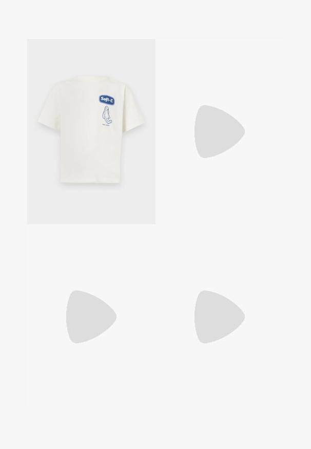 Cream-colored cotton T-shirt with short sleeves. Features a blue graphic "Soft-e" logo and illustration, labeled “100% SOFT.”; Dark denim shorts with a straight cut, featuring contrast orange stitching, five pockets, and a cargo pocket with an emblem.; White sneaker with suede accents, rounded toe, flat laces, and a cream rubber sole. Features green branding on the heel.; Black leather crossbody bag with a zippered front pocket, embossed logo, and adjustable strap. Smooth texture with a structured shape.