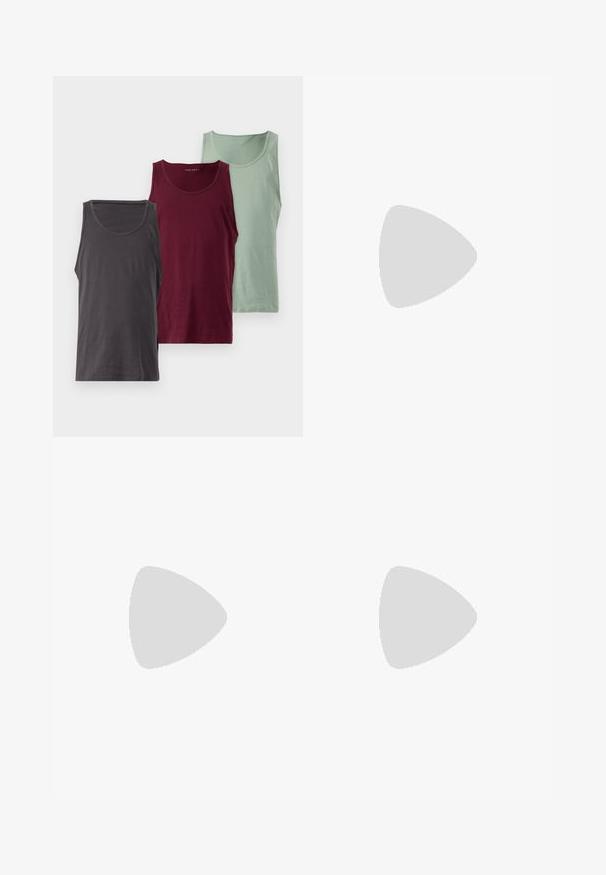 Tres camisetas sin mangas en varios colores: gris oscuro, burdeos y verde claro. Cada una presenta una textura suave y un escote redondeado.; Pier One 2 PACK - Pantalones deportivos - tan/brown; Zapatillas de cuero blancas con puntera de ante gris, tres franjas horizontales blancas, acento azul y suela de goma marrón. Detalle texturizado en la suela.; Gafas de sol con marco de metal dorado, lentes verdes, forma redonda, patillas delgadas y acentos de plástico blanco en las puntas de las varillas.