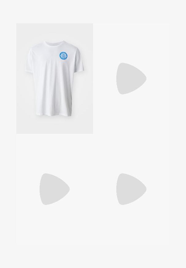 White cotton t-shirt with round neckline, short sleeves, and a blue circular graphic logo on the left chest. Soft texture, casual design.; Black athletic shorts with elastic waistband and adjustable drawstring, featuring a small white logo on the lower left leg.; White athletic shoe with light gray accents, mesh and suede materials, rounded toe, textured sole, and visible branding logo on the side.; Black, fingerless workout gloves with adjustable wrist strap. Features textured grip and prominent logo on the back. Durable material.