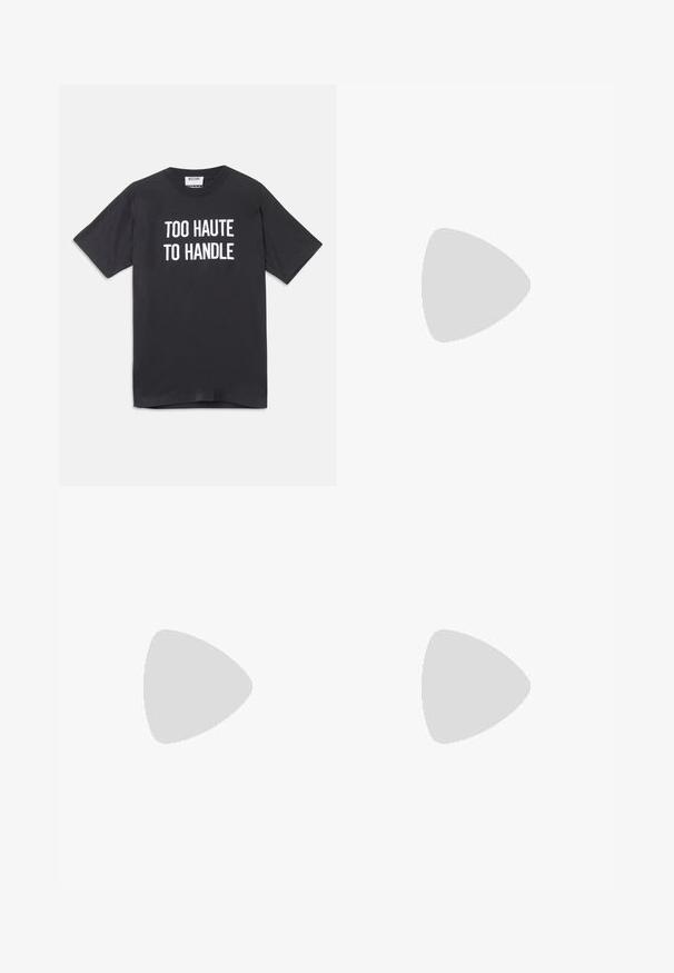 Black cotton t-shirt with short sleeves and round neckline, featuring white text that reads "TOO HAUTE TO HANDLE" on the front.; Black trousers featuring a smooth fabric, tailored design, straight legs, and a flat waistband with no visible closures or pockets.; Burgundy leather Mary Jane shoe with a rounded toe, adjustable buckle, and a chunky black heel, featuring a smooth, shiny texture.; Black leather handbag with structured design, dual top handles, detachable strap, and gold buckle accent on a horizontal band.