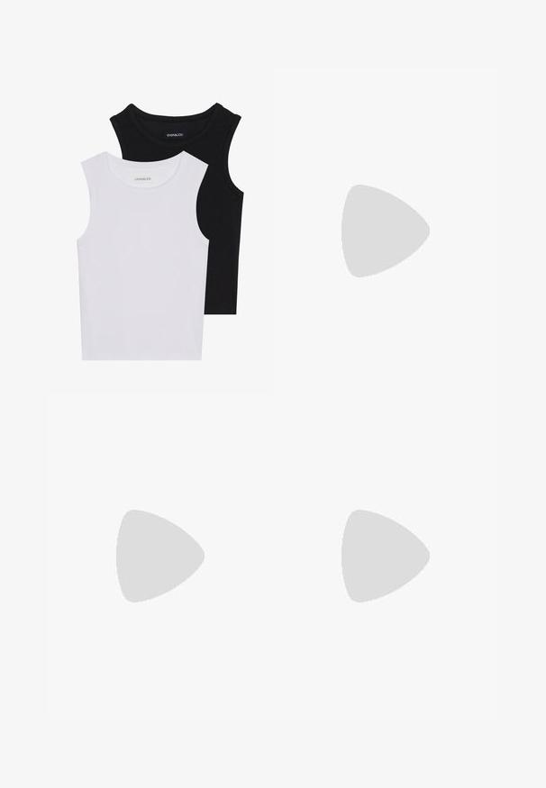 Duas blusas sem mangas em preto e branco, feitas de algodão canelado, com decotes redondos e um design ajustado. Etiquetas visíveis em ambas.; Jeans de ganga azul claro com cintura alta, design de perna reta, ligeira descoloração e bainha desfiada. Apresenta botão dourado e costura de contraste.; Ténis de camurça rosa com riscas verdes, detalhes brancos e sola de borracha castanha. Apresenta tecido texturizado e detalhes de logótipo na lateral.; Brincos de argola em tom de ouro com uma forma suave e arredondada e um acabamento polido. Apresentam detalhes laranja na parte de trás para um fecho seguro.