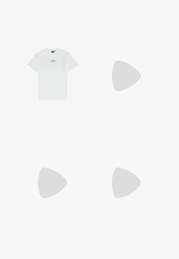T-shirt bianca in cotone con maniche corte. Presenta una grafica ovale centrale con il testo "New Era" in blu scuro. Taglio semplice e classico.; Pantaloni della tuta bianchi realizzati in un tessuto morbido, con vita elastica, tasche laterali e polsini elastici alle caviglie.; Scarpe da corsa da uomo in mesh nero con dettagli riflettenti argentati, dotate di una suola imbottita e una superficie testurizzata per una migliore aderenza.; Occhiali da sole neri con montatura in metallo, lenti rettangolari e design sottile. Presentano lenti grigie sfumate e un branding sottile sulla stanghetta.