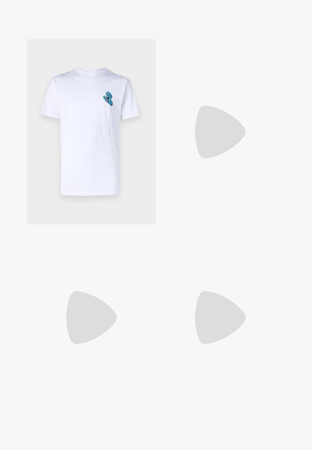 White cotton t-shirt featuring a blue monster hand graphic on the left chest. Simple crew neck design with short sleeves.; Pink ribbed athletic shorts with an elastic waistband and side seams, featuring a small logo on the lower left front.; White athletic shoes with textured overlays, a chunky sole, and gray accents. Worn with white crew socks and green shorts on a blue surface.; Clear eyeglasses with a rectangular shape, transparent plastic frames, and smooth texture. No visible logo or design patterns.