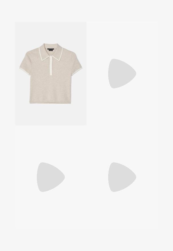Alice + Olivia MEDA  - Polo shirt - oatmeal heather/soft white; Light pink shorts with vertical stripes in red and white. Elastic waistband; relaxed fit; smooth texture with minimal detailing.; Gold slide sandal with three horizontal straps. Flat sole and smooth material texture, featuring an open toe design.; Quilted beige leather handbag with gold hardware, chain strap, and a top handle. Features a front flap and signature logo detail.