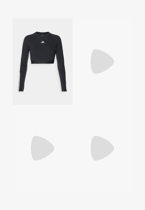 Top da allenamento nero a maniche lunghe e cropped realizzato in tessuto morbido. Presenta un logo bianco sul petto e accenti a righe sulle maniche.; ONLY Play ONPJAIA LIFE SEAM  - Leggings - surf the web; Scarpa sportiva bianca con tomaia in mesh, tre strisce nere sui lati, dettagli testurizzati e una suola in gomma robusta con una sezione nera a contrasto.; Occhiali da sole neri a forma quadrata con lenti scure e aste nere lucide. Presentano un accento in metallo circolare dorato sul lato. Texture complessiva liscia.