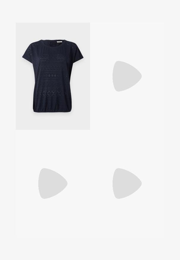 Navy blue short-sleeve top made of textured fabric with openwork patterns and a round neckline, featuring a gathered bottom hem.; Light blue denim shorts with a high waist, five-pocket design, and raw hem. Fabric has a slight fade with visible stitching details.; Black patent leather slingback heels with a pointed toe, a rounded cutout design, and a block heel. Features a gold-tone buckle accent.; Tan leather handbag with a pleated design, adjustable strap, and a rounded shape. Minimalistic branding on the front surface.