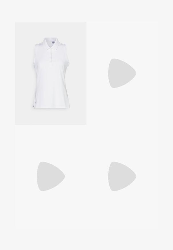 Bez piedurknēm balts polo krekls, izgatavots no gludas auduma, ar apkakli, piecu pogu aizdari un smalkiem sānu šķēlumiem, kā arī nelielu logo detaļu apakšmalā.; Krāsains ziedu mini svārks ar pieguļošu dizainu, kas izceļas ar rozā, zila un baltā toņu rakstiem uz mīkstas auduma tekstūras.; Baltie sporta apavi ar teksturētu sietu augšpusi, sudraba akcentiem un vieglu zoli ar mazām saķeres uzlikām, apzīmēti "ULTRA FLIGHT."; Jūras spēku zilo zamšādas rokassomu ar strukturētu formu, divām augšējām rokturiem un garu, regulējamu siksnu. Iezīmes kontrastējošas šuves un sānu birka.