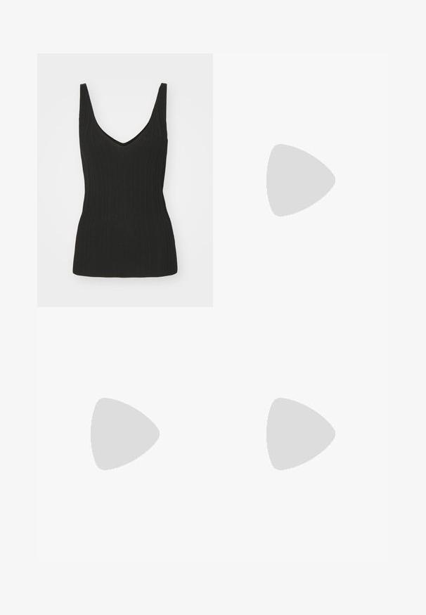 Zwarte geribbelde tanktop met een V-hals en zonder mouwen. Heeft een slim fit silhouet en een textuurstof. Geklede afwerking aan de zoom.; IVY OAK A-lijn rok - black; Zwarte hoge hak sandaal met franjes, enkelband met gouden hardware, platte vierkante neus en twee kruissluitingen over de wreef.; Gouden oorringen met een gladde, ronde vorm en een glanzend oppervlak. Bevestigd met een zilverkleurige scharnier.