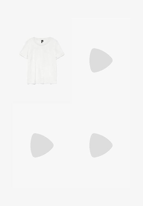 Hvid kortærmet t-shirt med rund halsudskæring, lavet af letvægtsstof. Enkel design, glat tekstur og lige kant.; b.young BYMMMJOELLA SHORT SKIRT - Mini skirts  - multi-coloured; Hvide lædersneakers med grå akcenter, der har perforeret tåboks, flade snørebånd og en mønstret sål. New Balance-logoet på siden.; Hvide rektangulære solbriller med mørke linser, en glat mat finish og brede arme med et vinklet design.