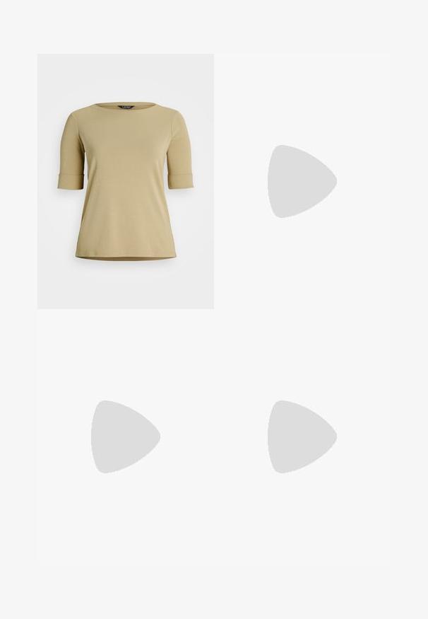 Beige short-sleeve T-shirt made of soft fabric. Features a round neckline and rolled cuffs, with a straight hem and minimal design.; Wide-leg trousers in a cream fabric with a repeated beige letter pattern. Features a smooth waistband and a relaxed fit.; Brown suede slip-on shoe with a low heel, an adjustable strap with a silver buckle, and a black rubber sole.; Tortoiseshell sunglasses with oval frames, brown tinted lenses, and "Chloé" branding on the arm. Smooth plastic material with glossy finish.; Brown suede tote bag with a wide shape and soft texture, featuring a single strap and minimal hardware against a neutral backdrop.