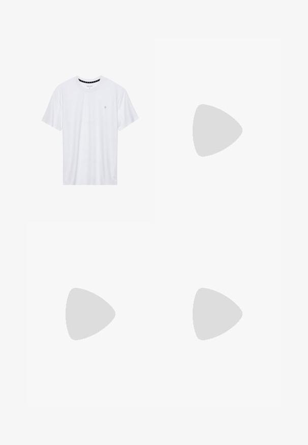 Weißes Crewneck-T-Shirt aus Baumwolle, mit kurzen Ärmeln und einem kleinen, auf der linken Brustseite gestickten Logo. Weiche Textur.; Rote Sportshorts mit schwarzen Seitenteilen, elastischem Bund, Mesh-Textur und weißem Logodetail auf der unteren rechten Seite.; Beige Canvas-Hochschuh-Sneaker mit rotem Streifen, weißer Gummisohle und Metall-Ösen, mit iconic Stern-Logo an der Seite.; Graue Sonnenbrille mit rechteckigem Rahmen, mattem Finish und getönten Gläsern. Verfügt über schlanke Bügel mit dezentem Branding an der Seite.