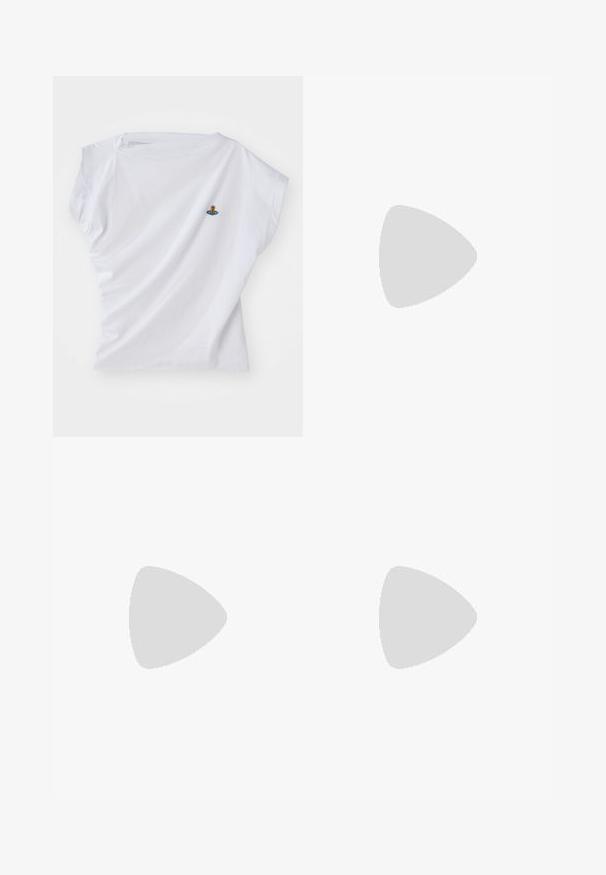 White short-sleeve t-shirt made of cotton, featuring a small embroidered design of a bear on a blue spaceship on the chest.; Grey padded cycling bib shorts with mesh shoulder straps, rounded neckline, and fitted leg bands. Made of stretchy, breathable fabric.; White mesh pointed-toe mule with a slim mid-height heel and slip-on design against a plain background.; Black patent leather handbag with a rectangular shape, chain strap, and a distinctive hardware accent in the center. Smooth texture.