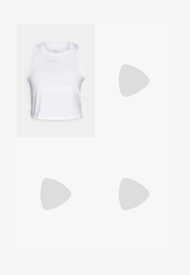 Hvit ermeløs crop top laget av glatt Dri-FIT-stoff. Har en liten grå Nike-logo på brystet og rund halslinning.; Stripet A-linje skjørt i marineblå og hvit, laget av teksturert stoff. Har tre perleknapper på siden.; Hvit sportsko med mesh-overdel, marineblå accenter og polstret såle. Har "N"-logo, lisser og teksturert detalj på siden.; Sorte ovale solbriller med mørke linser og blank plastramme. Har gulllogo på stengene, og tilbyr et elegant og moderne design.