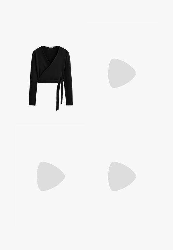 Black long-sleeve wrap top made from ribbed fabric, featuring a deep V-neck and a side tie detailing for adjustable fit.; Black flared leggings with a high waist, made from stretchy fabric. Features a smooth texture and white side stripes along the seams.; Black and white Nike Dunk Low sneaker with leather upper, perforated toe box, and black laces, featuring a white sole and logo accents.; Gold metal-frame sunglasses with dark green lenses, aviator style, featuring slim arms and tortoiseshell accents on the tips.; Black quilted handbag with a gold chain strap, featuring a distinctive gold clasp and a small tag, showcasing a textured leather surface.