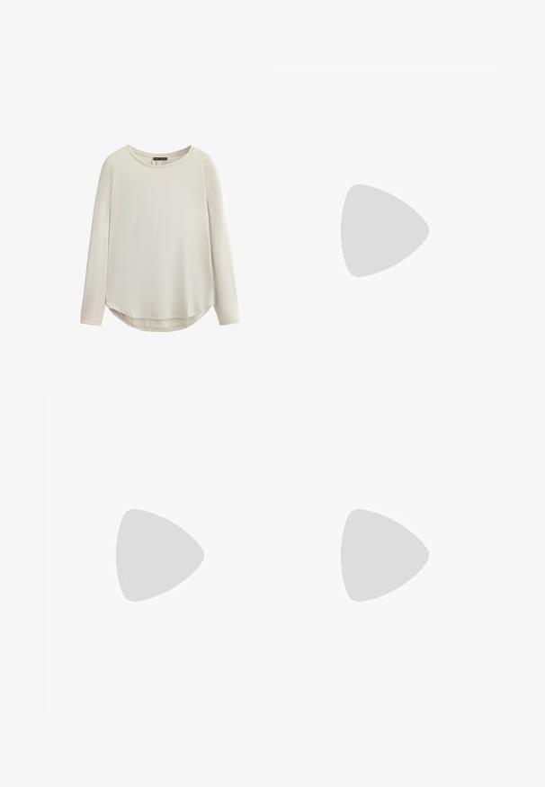 Bluză cu mânecă lungă de culoare bej deschis, cu decolteu rotund, textură netedă și o margine curbată cu deschideri laterale pentru confortul mișcărilor.; Pantaloni largi maro, dintr-un material moale, cu talie înaltă, textură subtilă și o siluetă fluidă, fără închideri sau ornamente vizibile.; Botine din suede bej cu vârful rotunjit, o talpă texturată de culoare maron, și un tab de prindere. Prezintă o cusătură și un design chunky al platformei.; Geantă de umăr din piele maro cu o textură netedă, design cu vârf deschis și două curele pentru umăr. Prezintă cusături minime și fără componente metalice vizibile.