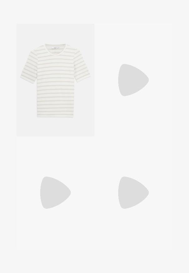 Tricou cu mâneci scurte, cu dungi, dintr-un amestec ușor de bumbac, având dungi de culoare bej deschis și alb murdar, decolteu rotund și o textură moale.; Fustă midi tricotată de culoare maro cu un talie elastică strânsă. Textură netedă, croi drept și fără modele sau accente vizibile.; Sandale albe cu toc mic, curele subțiri și o textură netedă din piele; prezintă o cataramă decorativă mică.; Clutch din piele plisată bej, cu un cadru din metal argintiu, având două închideri decorative rotunde și o curea din lanț argintiu.