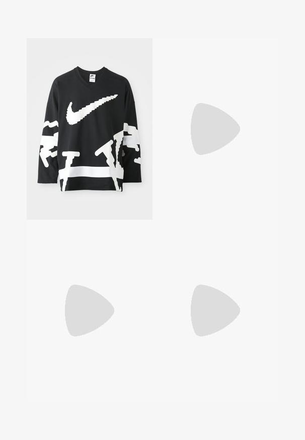 Sort langærmet sweatshirt med v-hals og stort hvidt Nike-logo samt abstrakt grafisk design, der har struktureret stof og en kontrasterende hvid panel.; Cremefarvede sportsshorts med elastisk talje og snor. Har tekstureret stof og broderet "Los Angeles Lakers" logo.; Sølv- og sorte atletiske sko med mesh-overdel, polstret sål, snørebåndsdesign og brandingdetalje på siden.; Solbriller med en slank, lys grå plastikramme, indpakningsdesign, mørke linser og en glat overflade. Har minimal branding på siden.