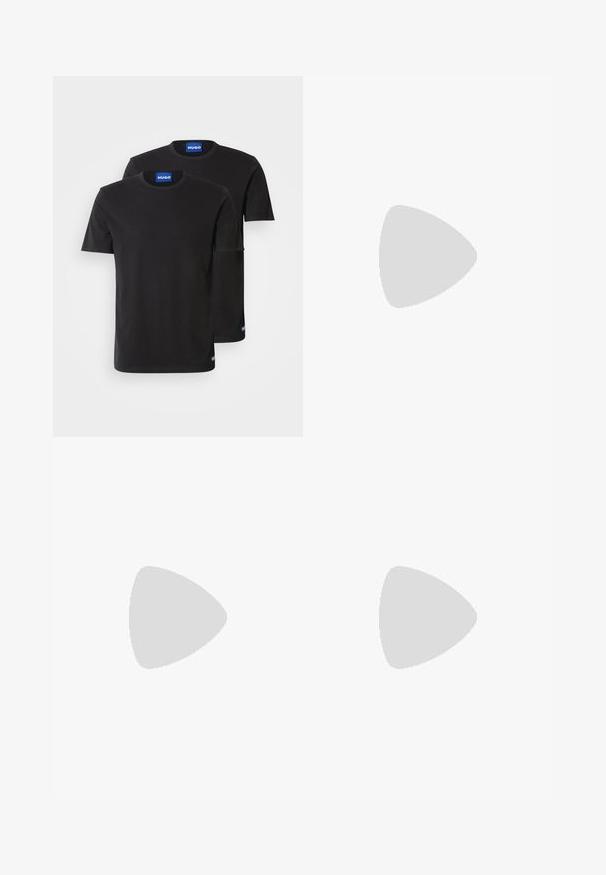 Two black cotton T-shirts with round necklines, short sleeves, and blue "HUGO" labels on the collars and side hems.; Black wide-leg trousers with a flat front, two side pockets, pleated design, and a contrasting red interior waistband.; Black canvas espadrille with a round toe, featuring a woven jute sole and stitching detail along the sole's edge.; Black rectangular sunglasses with gradient gray lenses. Features red accents on the temples and a smooth plastic frame.