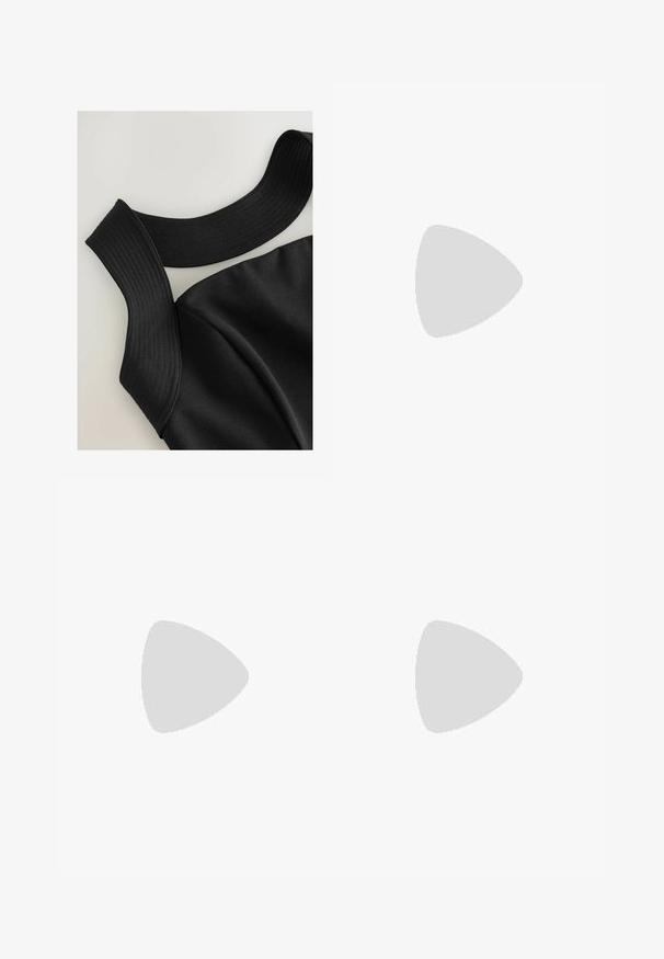 Black sleeveless top with wide ribbed straps and a smooth fabric texture, featuring contoured seams for a fitted design.; Dark brown faux leather asymmetrical midi skirt with stitched panels and a flared hem.; Navy ballet flats with a glossy patent finish and a textured suede bow detail on the toe, featuring a rounded toe and flat sole.; Black sunglasses featuring a sleek rectangular frame with a gold logo accent on the side. Dark lenses and glossy finish are prominent.; Black shoulder bag made from smooth material, featuring a curved shape, gold zipper, and a gold embossed logo accent on the front.