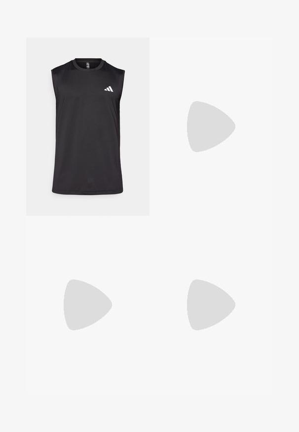 Zwarte mouwloze sporttop van ademend materiaal, met een ronde halslijn en een wit logo op de bovenste linkerkant.; Zwarte sportshorts met een elastische tailleband, binnenvoering en geperforeerde zijpanelen. Bevat oranje merknaam op het onderbeen.; Zwart-witte sportieve schoen met een bovenwerk van mesh, voorzien van drie witte strepen, een opvallende zool met het label "LIGHTSTRIKE PRO" en een gestroomlijnd ontwerp.; Zwarte sporttas met witte Adidas-logo, gemaakt van duurzaam materiaal. Voorzien van twee handvatten en ritssluiting. Textuurafwerking met verstevigde bodem.
