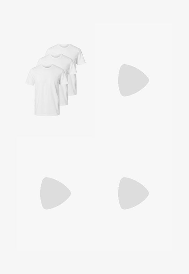 Witte katoenen T-shirts in een ronde halsontwerp, met korte mouwen en een standaard pasvorm. Drie shirts zijn in een rij gerangschikt.; Marine blauwe shorts van lichtgewicht stof, met een elastische tailleband met een trekkoord en zijzakken. Glad aanvoelend.; Beige klompen met een afgeronde neus, verstelbare gespaccent, en kurk voetbed. Gestructureerd oppervlak met een zwarte rubberen zool voor grip.;  schildpadbril met bruine lenzen, rechthoekige vorm en metalen accenten op het montuur. Strak ontwerp met dunne armen.