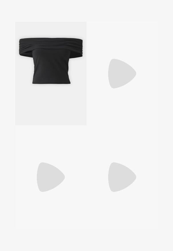 Fekete, vállon túl viselhető felső, a nyakrésznél redőzött textúrával, rövid ruhaujjakkal és fitted cropped fazonnal. Rugalmas anyagból készült.; Világoskék farmer mini szoknya, öt elülső gombbal, két foltvarrásos zsebbel és enyhén kopott állapotú textúrával. A címke felirata: "ONLY."; Fekete bőr, hegyes orrú magassarkú cipő boka pánttal és vastag sarokkal. Sima textúra, elegáns dizájn és minimális esztétika.; Fekete bőrtáska sima felszínnel, téglalap alakú, két hosszú füllel. Nincs látható fémkiegészítő vagy díszítés.