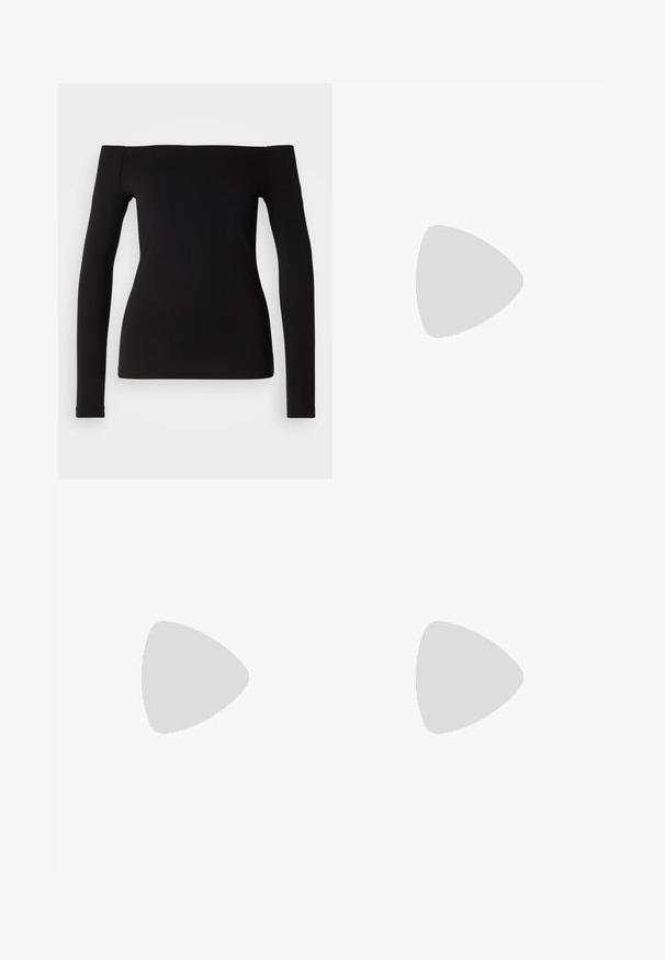 Black long-sleeve top with off-the-shoulder neckline, smooth fabric, fitted design, and a seamless hem. Simple and minimalistic style.; Black linen pants with a relaxed fit, featuring an elastic waistband and adjustable drawstring. Smooth texture and wide leg design.; Silver synthetic sneakers with white stripes, cream sole, and textured surface; paired with light ribbed socks and a black skirt.; Silver hoop earrings with a polished finish and DKNY branding, displayed against a plain white background.