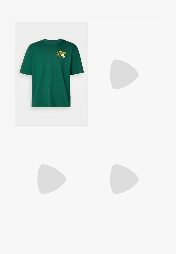 Camiseta de algodão verde com mangas curtas, decote redondo e um emblema gráfico com "Oyster Crew" e um logótipo em amarelo e vermelho.; Bermudas atléticas pretas com um cós elástico, perna curta e detalhes em branco nas laterais. Feitas de um tecido leve.; Tênis de corrida leves em azul pálido com riscas pretas. Apresentam um cabedal liso, bico redondo e uma entressola espessa branca rotulada como "LIGHTSTRIKE PRO."; Óculos de sol com uma armação cinza translúcida, lentes com tonalidade e design angular. Apresenta um suporte nasal distinto e hastes em cinza escuro texturizado.